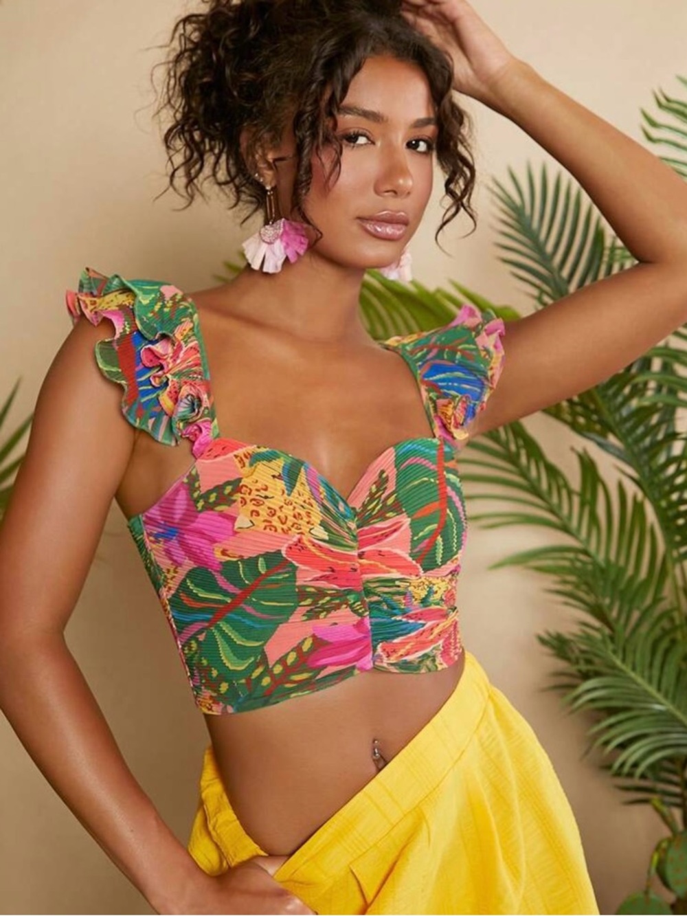 SHEIN Tropical Floral Ruffle-Strap Crop Top - Pink Green Yellow